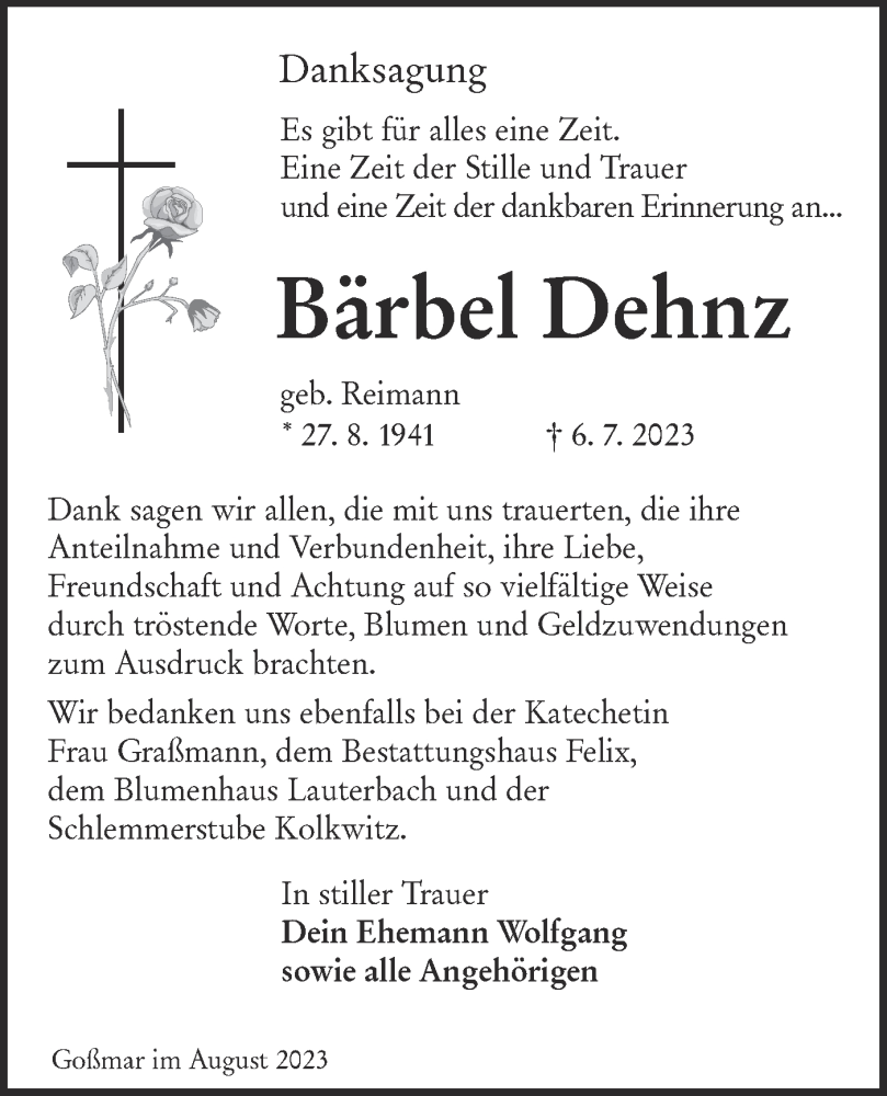  Traueranzeige für Bärbel Dehnz vom 09.09.2023 aus Lausitzer Rundschau