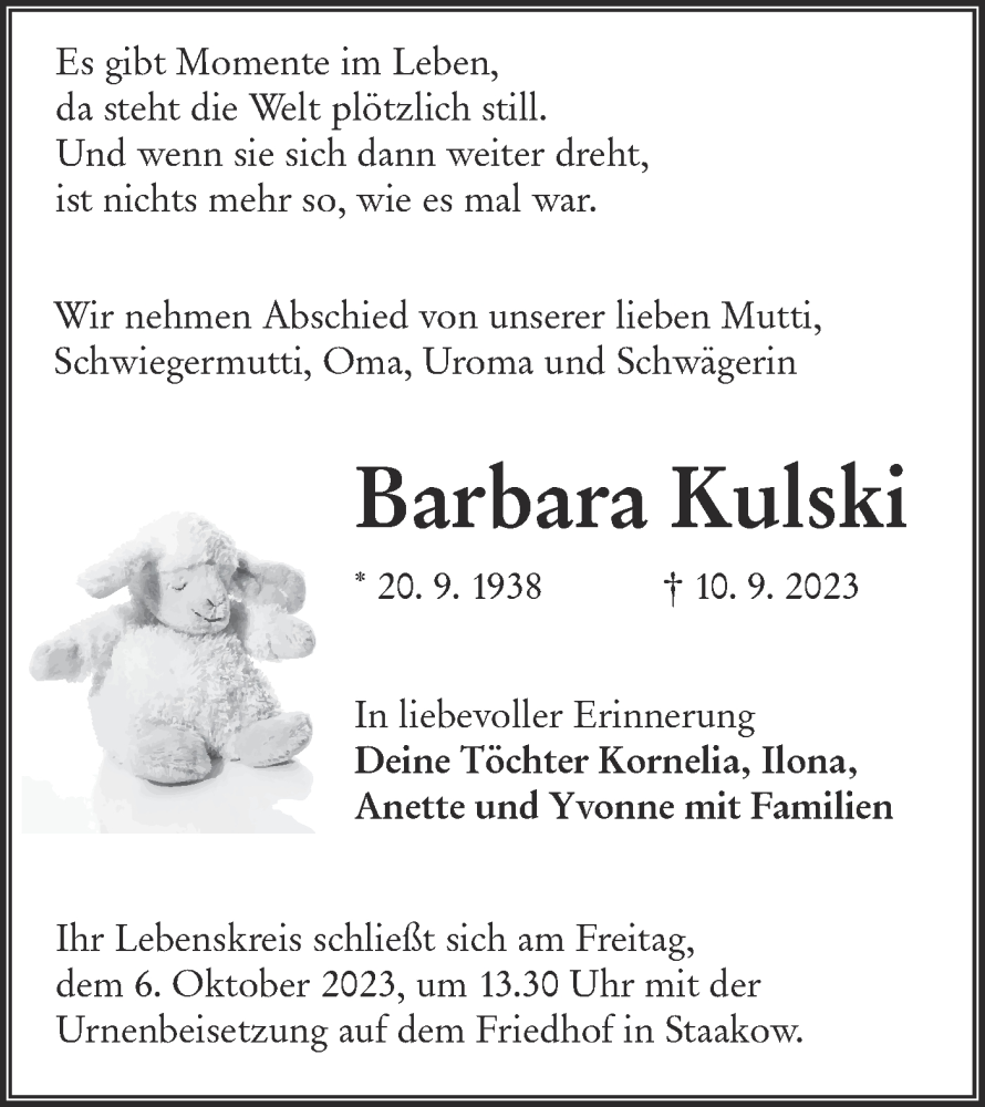  Traueranzeige für Barbara Kulski vom 16.09.2023 aus Lausitzer Rundschau