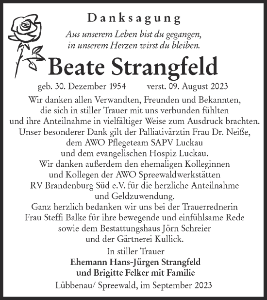 Traueranzeige von Beate Strangfeld von Lausitzer Rundschau