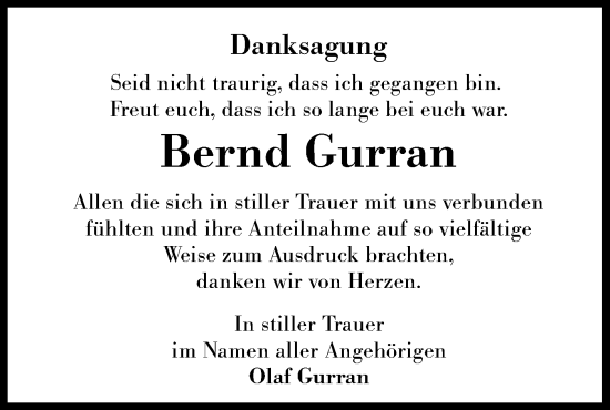 Traueranzeige von Bernd Gurran von Lausitzer Rundschau
