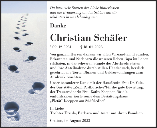 Traueranzeige von Christian Schäfer von Lausitzer Rundschau