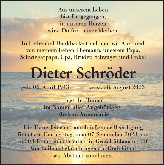 Traueranzeige von Dieter Schröder von Lausitzer Rundschau