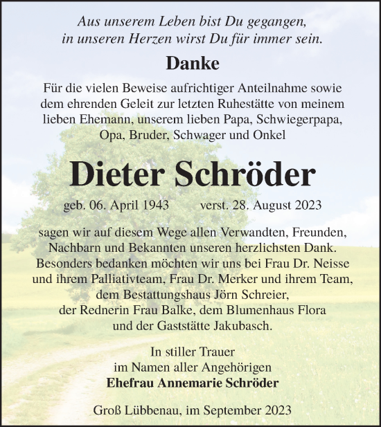 Traueranzeige von Dieter Schröder von Lausitzer Rundschau