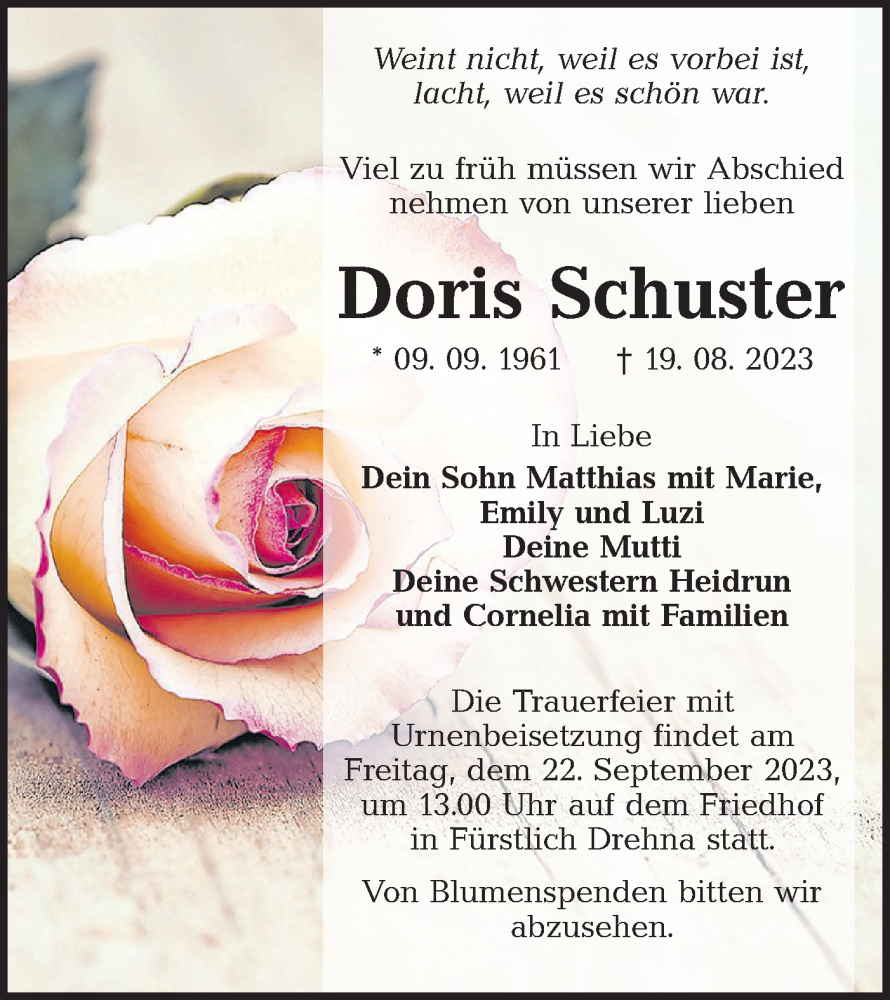  Traueranzeige für Doris Schuster vom 02.09.2023 aus Lausitzer Rundschau