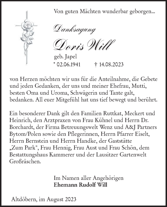 Traueranzeige von Doris Will von Lausitzer Rundschau