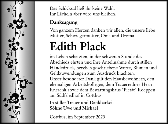 Traueranzeige von Edith Plack von Lausitzer Rundschau