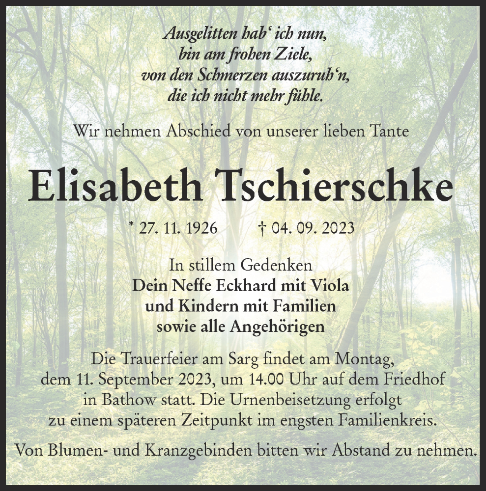  Traueranzeige für Elisabeth Tschierschke vom 09.09.2023 aus Lausitzer Rundschau