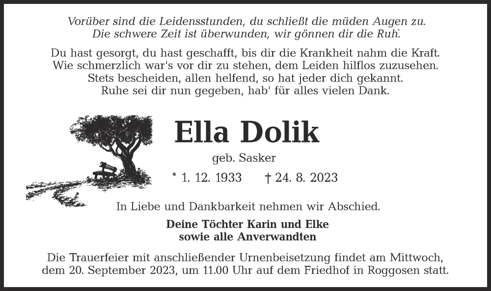  Traueranzeige für Ella Dolik vom 09.09.2023 aus Lausitzer Rundschau