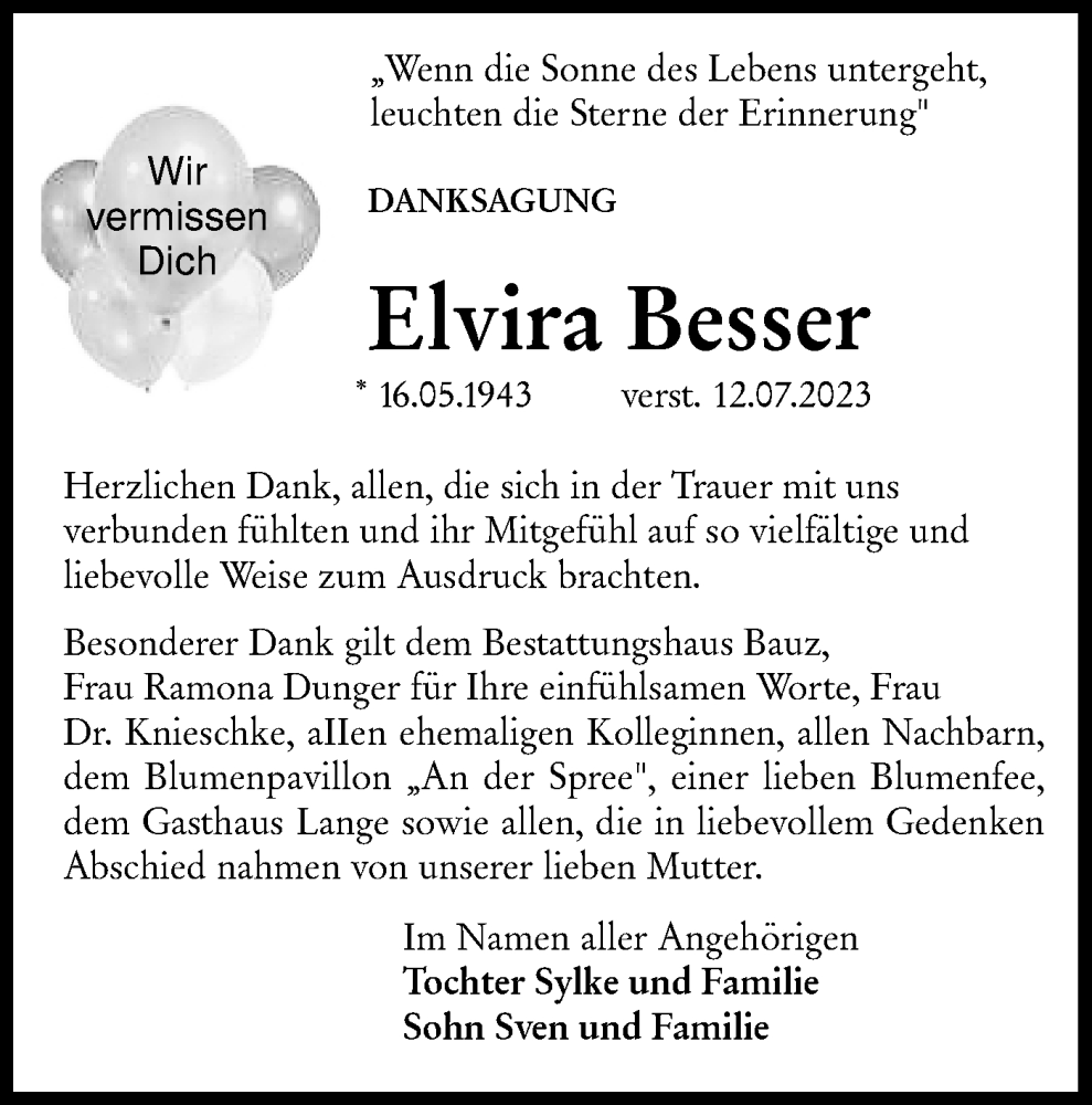  Traueranzeige für Elvira Besser vom 09.09.2023 aus Lausitzer Rundschau