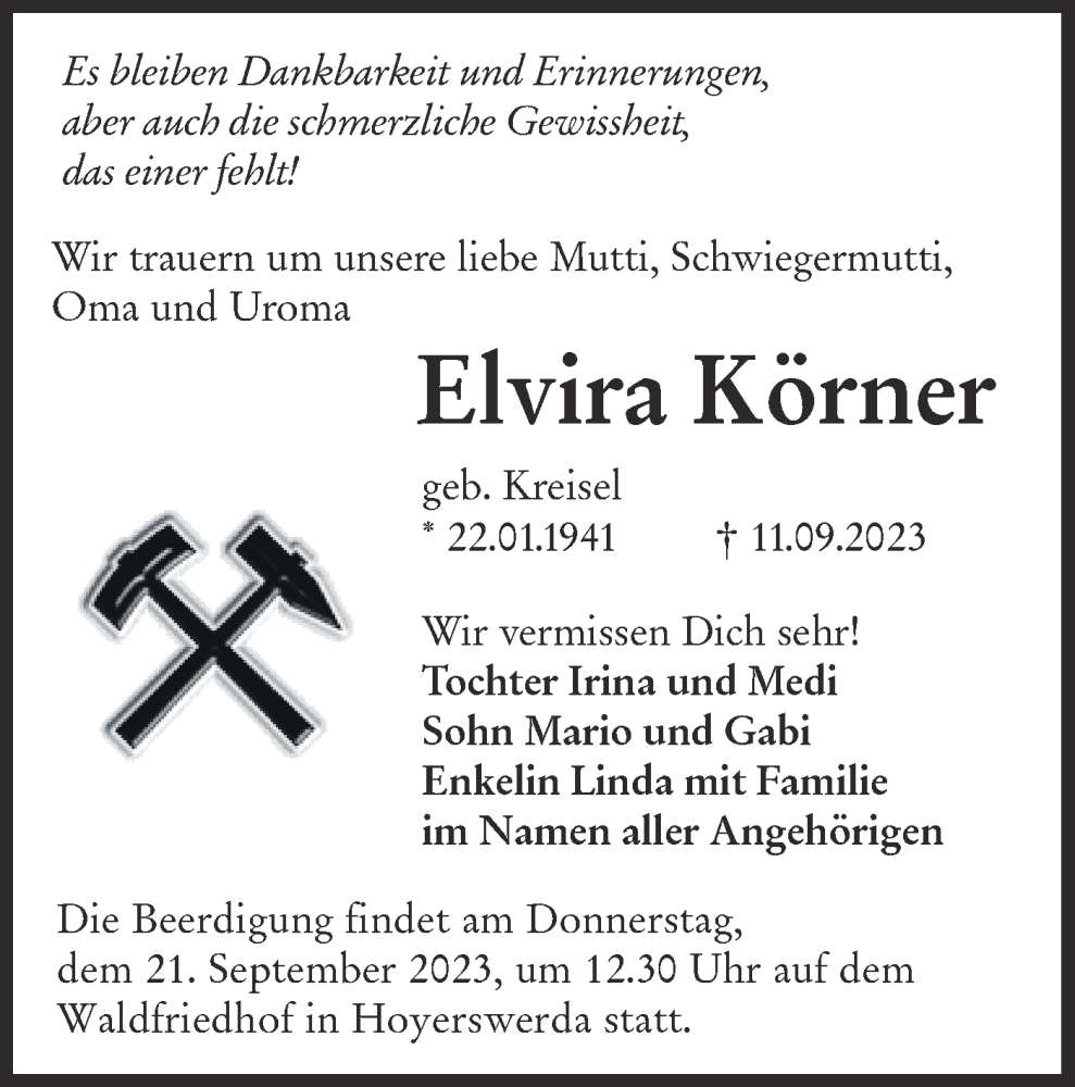  Traueranzeige für Elvira Körner vom 16.09.2023 aus Lausitzer Rundschau