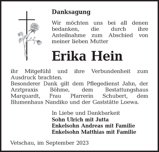 Traueranzeige von Erika Hein von Lausitzer Rundschau