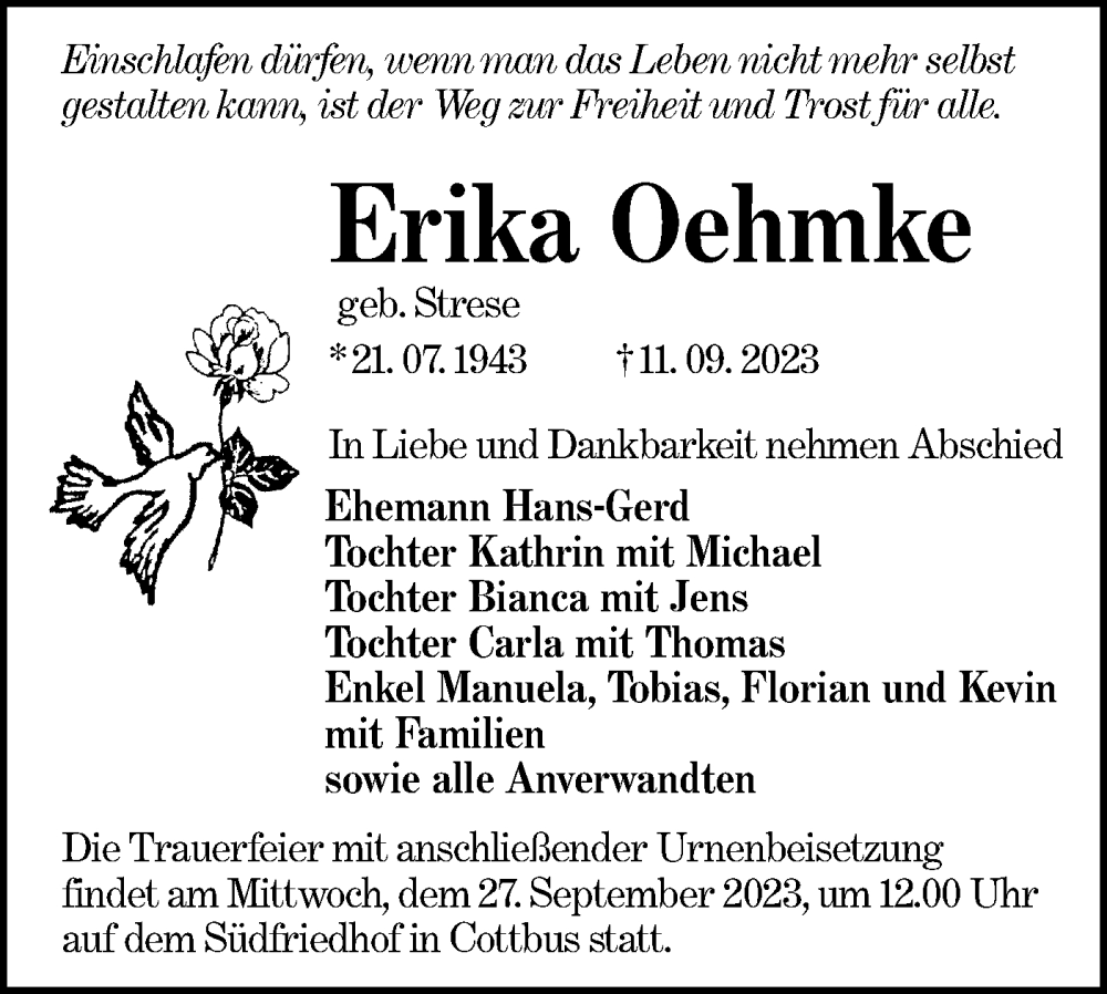  Traueranzeige für Erika Oehmke vom 16.09.2023 aus Lausitzer Rundschau