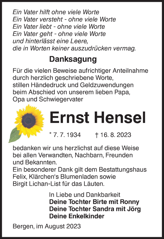 Traueranzeige von Ernst Hensel von Lausitzer Rundschau