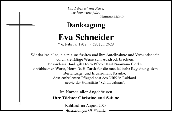 Traueranzeige von Eva Schneider von Lausitzer Rundschau