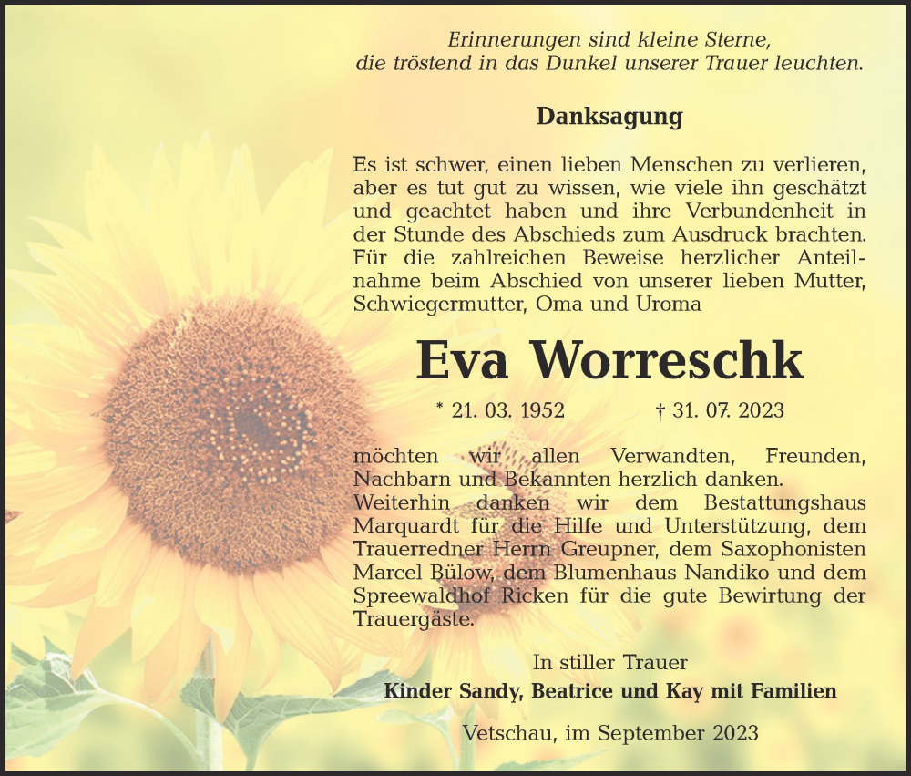  Traueranzeige für Eva Worreschk vom 16.09.2023 aus Lausitzer Rundschau