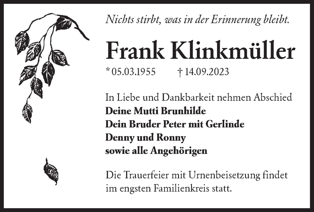  Traueranzeige für Frank Klinkmüller vom 23.09.2023 aus Lausitzer Rundschau