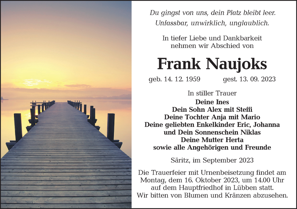  Traueranzeige für Frank Naujoks vom 23.09.2023 aus Lausitzer Rundschau