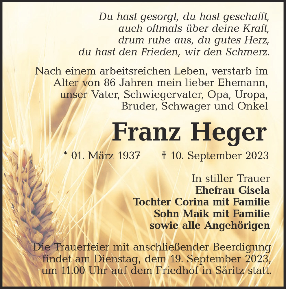 Traueranzeige für Franz Heger vom 16.09.2023 aus Lausitzer Rundschau