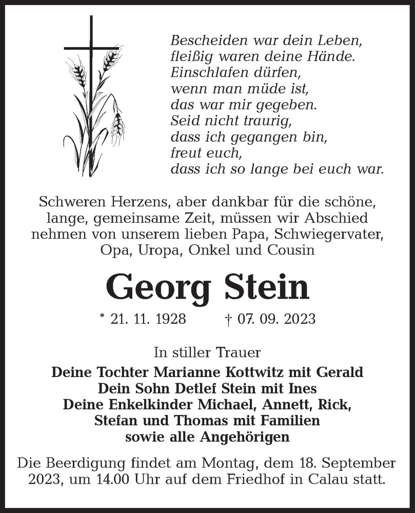  Traueranzeige für Georg Stein vom 12.09.2023 aus Lausitzer Rundschau