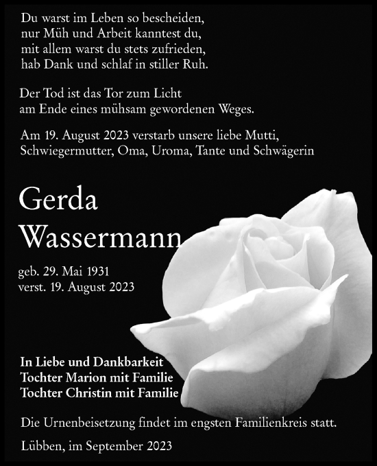 Traueranzeige von Gerda Wassermann von Lausitzer Rundschau