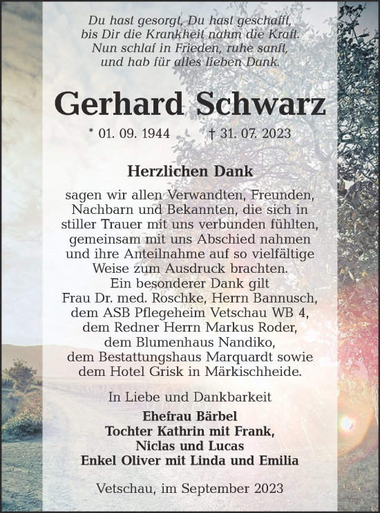 Traueranzeige von Gerhard Schwarz von Lausitzer Rundschau