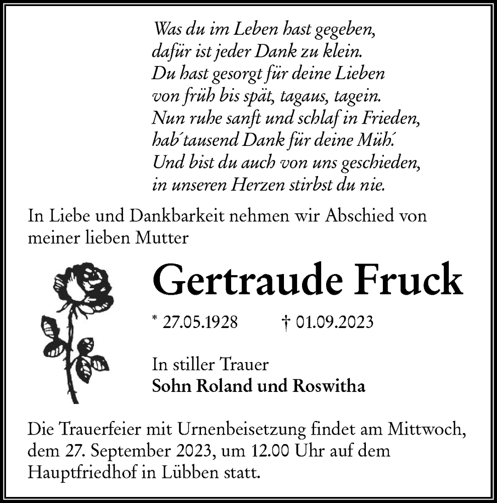  Traueranzeige für Gertraude Fruck vom 16.09.2023 aus Lausitzer Rundschau