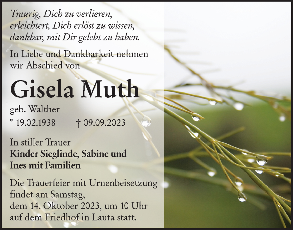  Traueranzeige für Gisela Muth vom 16.09.2023 aus Lausitzer Rundschau