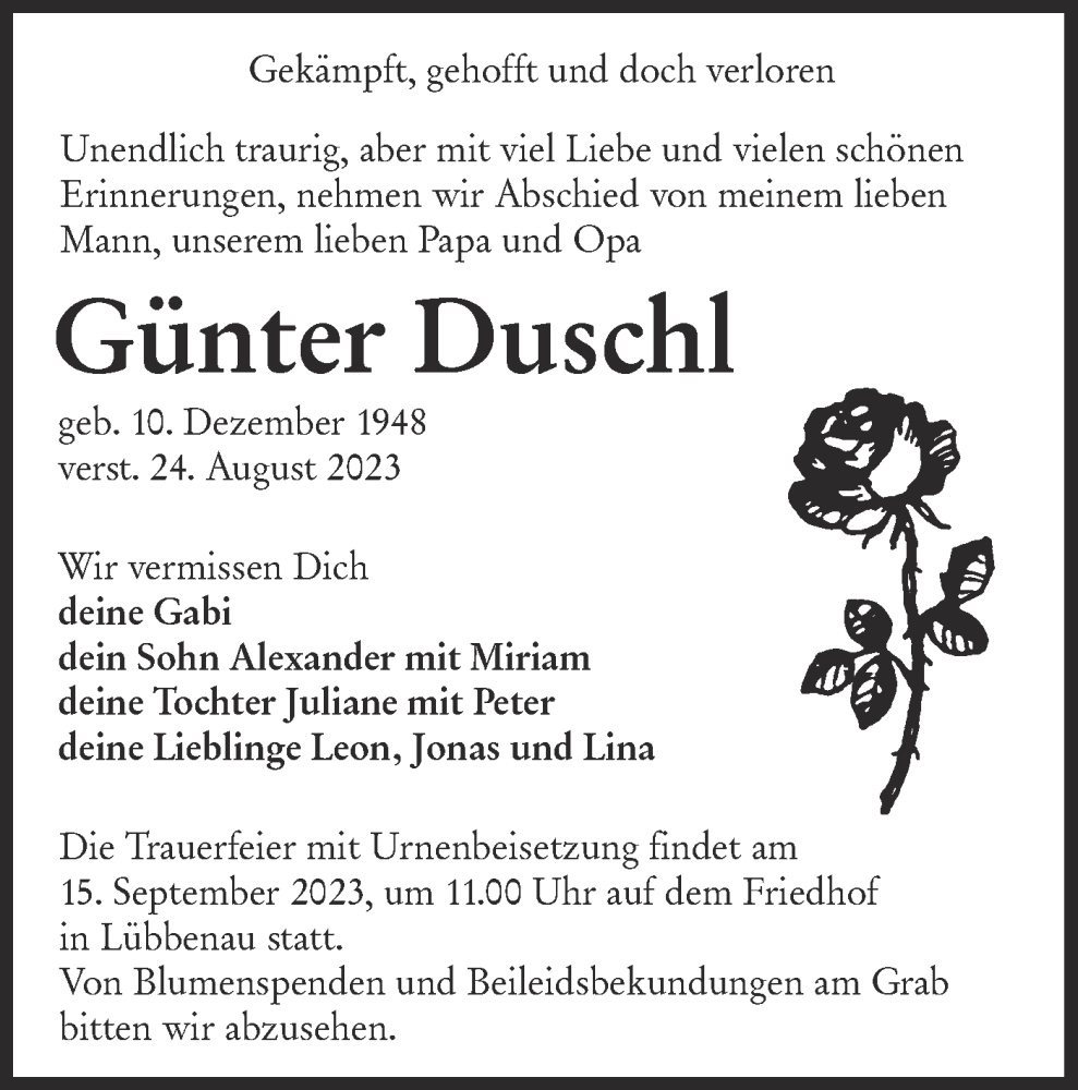  Traueranzeige für Günter Duschl vom 09.09.2023 aus Lausitzer Rundschau