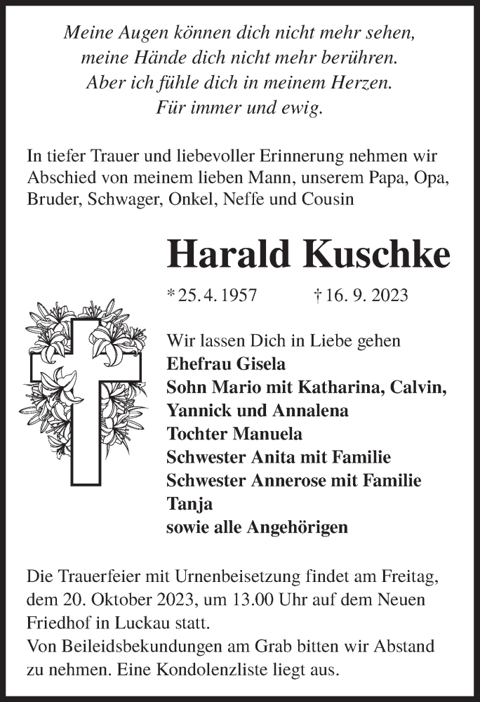  Traueranzeige für Harald Kuschke vom 23.09.2023 aus Lausitzer Rundschau
