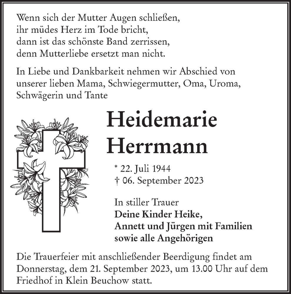  Traueranzeige für Heidemarie Herrmann vom 13.09.2023 aus Lausitzer Rundschau