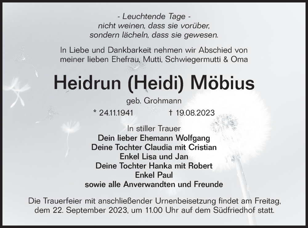  Traueranzeige für Heidrun Möbius vom 02.09.2023 aus Lausitzer Rundschau