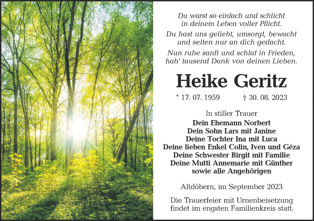  Traueranzeige für Heike Geritz vom 16.09.2023 aus Lausitzer Rundschau