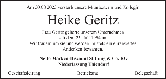 Traueranzeige von Heike Geritz von Lausitzer Rundschau