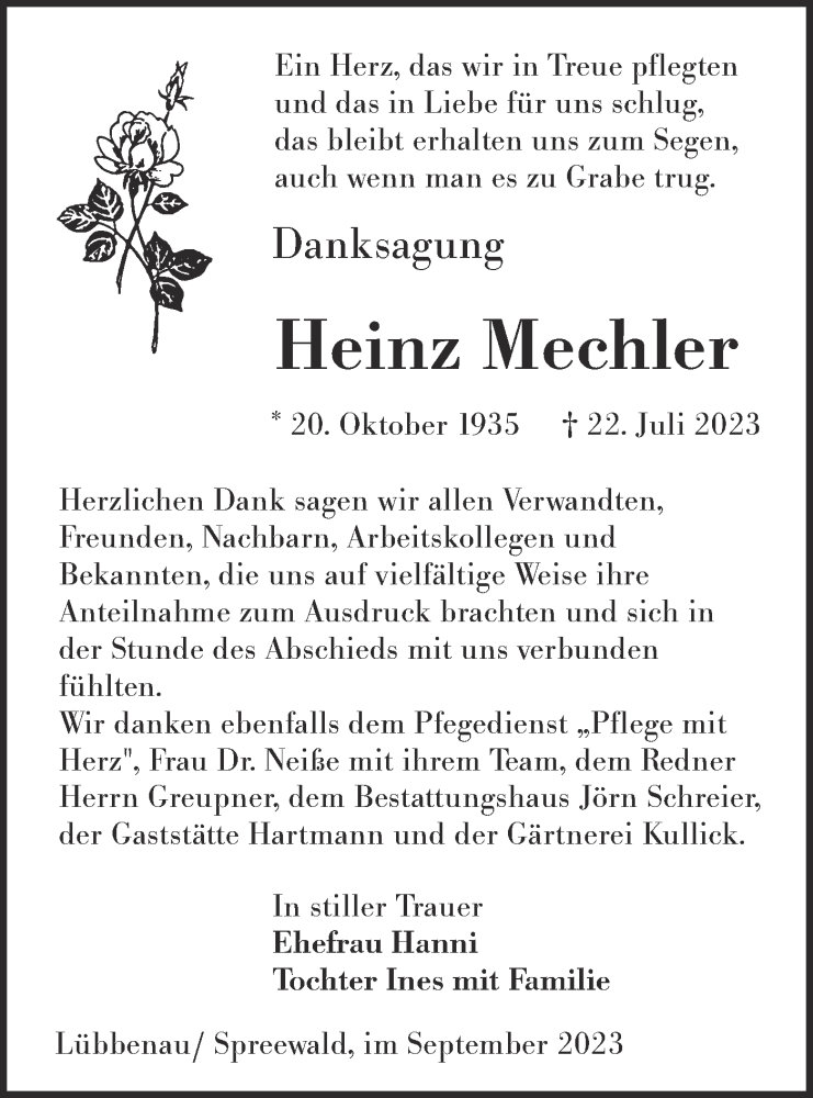  Traueranzeige für Heinz Mechler vom 16.09.2023 aus Lausitzer Rundschau