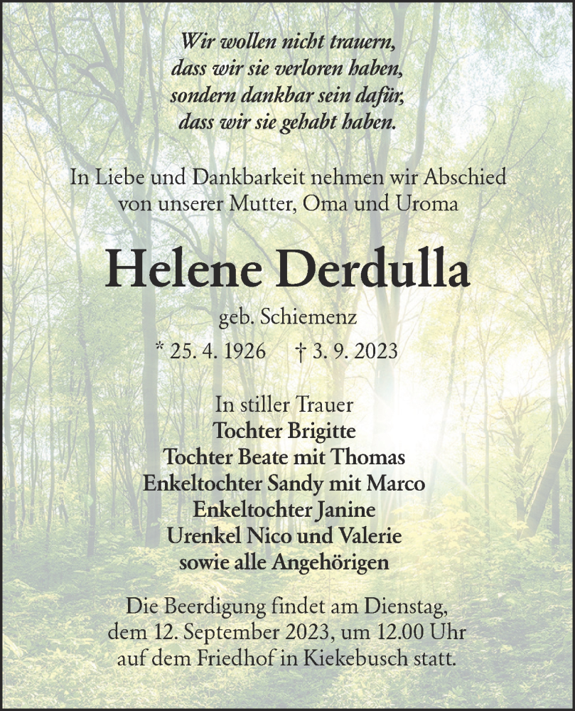  Traueranzeige für Helene Derdulla vom 09.09.2023 aus Lausitzer Rundschau