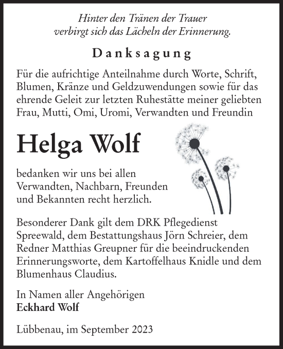 Traueranzeige von Helga Wolf von Lausitzer Rundschau