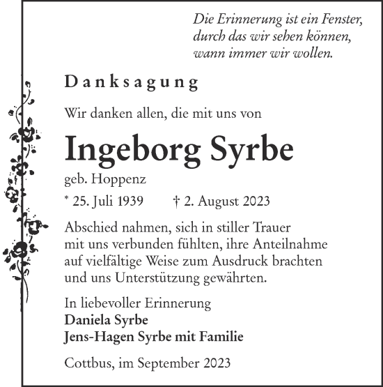 Traueranzeige von Ingeborg Syrbe von Lausitzer Rundschau