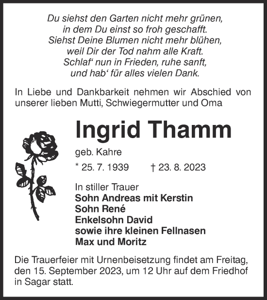 Traueranzeige von Ingrid Thamm von Lausitzer Rundschau