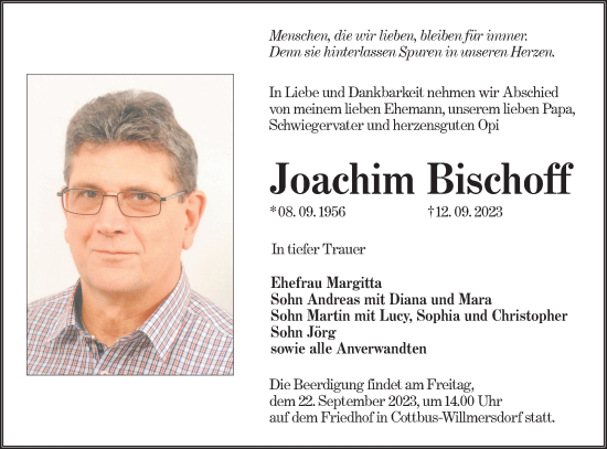 Traueranzeige von Joachim Bischoff von Lausitzer Rundschau