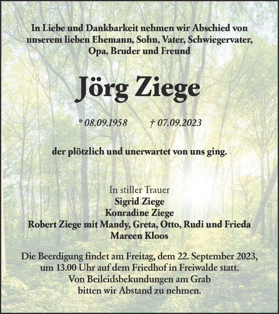  Traueranzeige für Jörg Ziege vom 16.09.2023 aus Lausitzer Rundschau