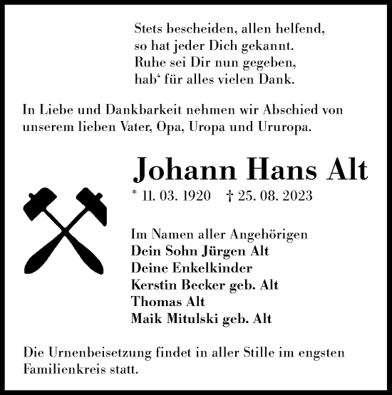 Traueranzeige von Johann Hans Alt von Lausitzer Rundschau