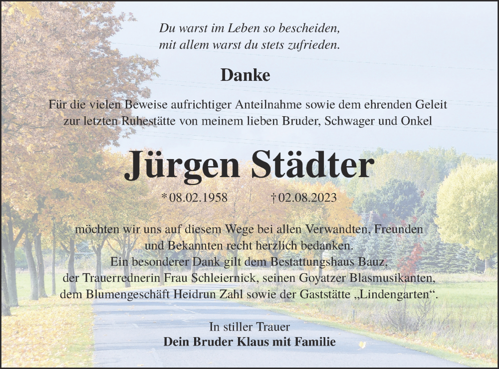  Traueranzeige für Jürgen Städter vom 12.08.2023 aus Lausitzer Rundschau