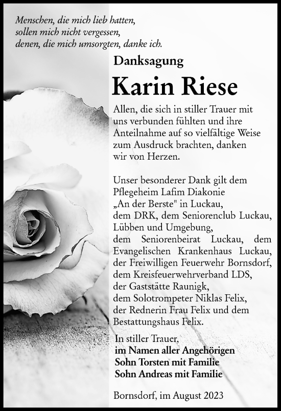 Traueranzeige von Karin Riese von Lausitzer Rundschau