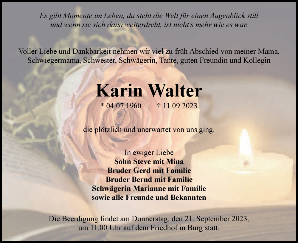  Traueranzeige für Karin Walter vom 16.09.2023 aus Lausitzer Rundschau
