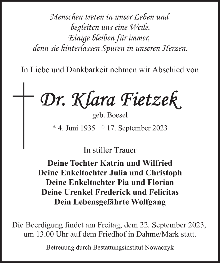  Traueranzeige für Klara Fietzek vom 19.09.2023 aus Lausitzer Rundschau