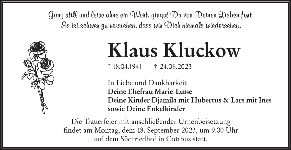  Traueranzeige für Klaus Kluckow vom 02.09.2023 aus Lausitzer Rundschau