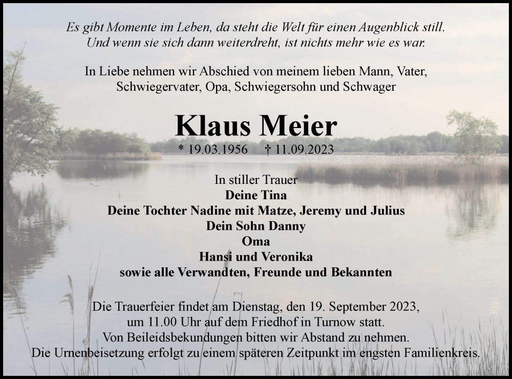  Traueranzeige für Klaus Meier vom 16.09.2023 aus Lausitzer Rundschau