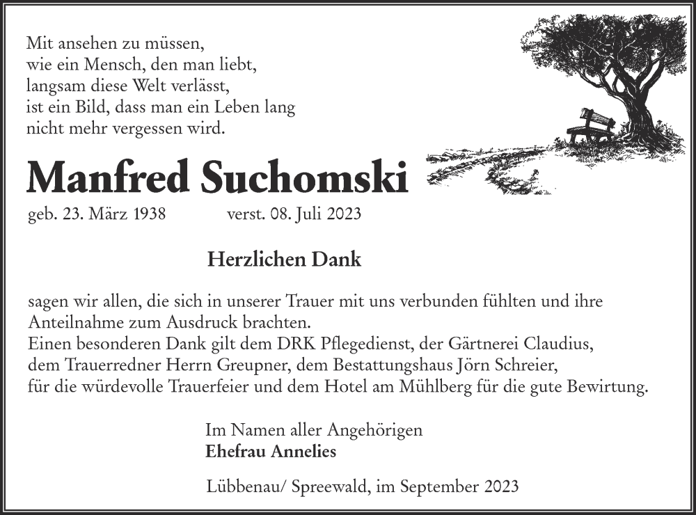  Traueranzeige für Manfred Suchomski vom 09.09.2023 aus Lausitzer Rundschau