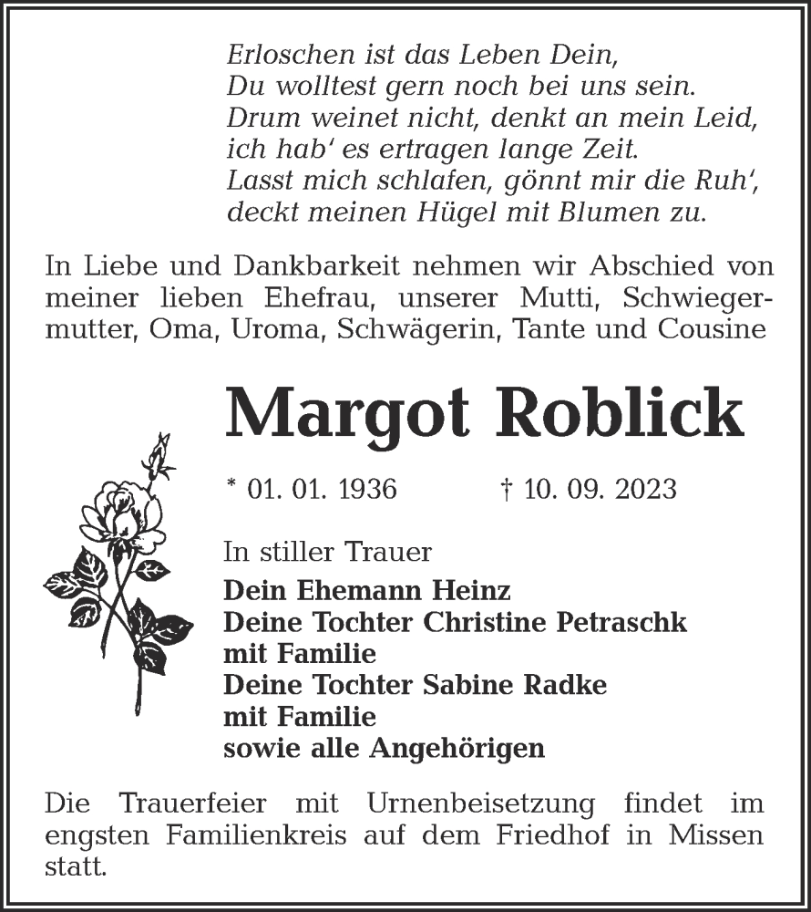  Traueranzeige für Margot Roblick vom 16.09.2023 aus Lausitzer Rundschau