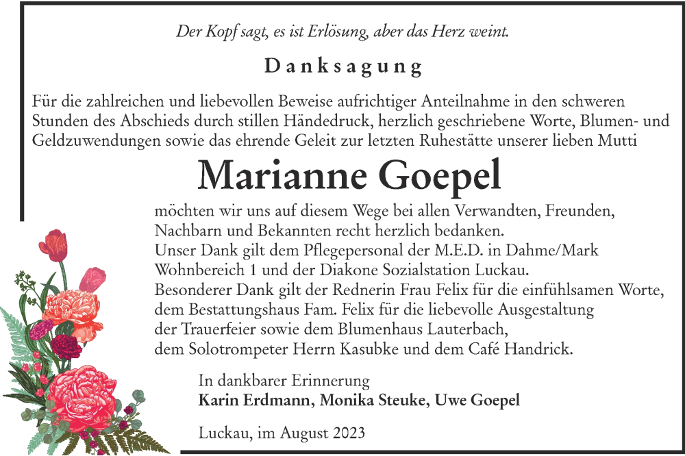  Traueranzeige für Marianne Goepel vom 16.09.2023 aus Lausitzer Rundschau